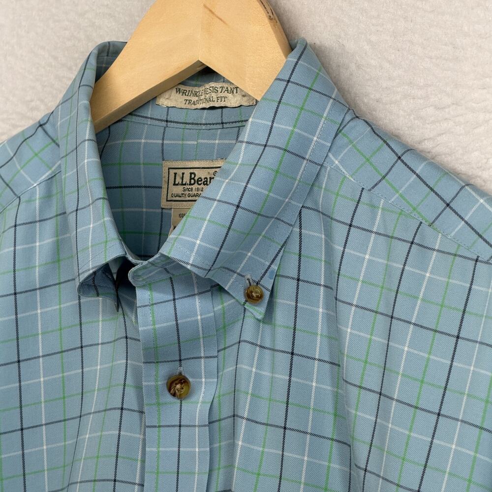 LL BEAN Shirt Mens L Wrinkle Free Kennebunk Sport Traditional Check Cotton Blue
